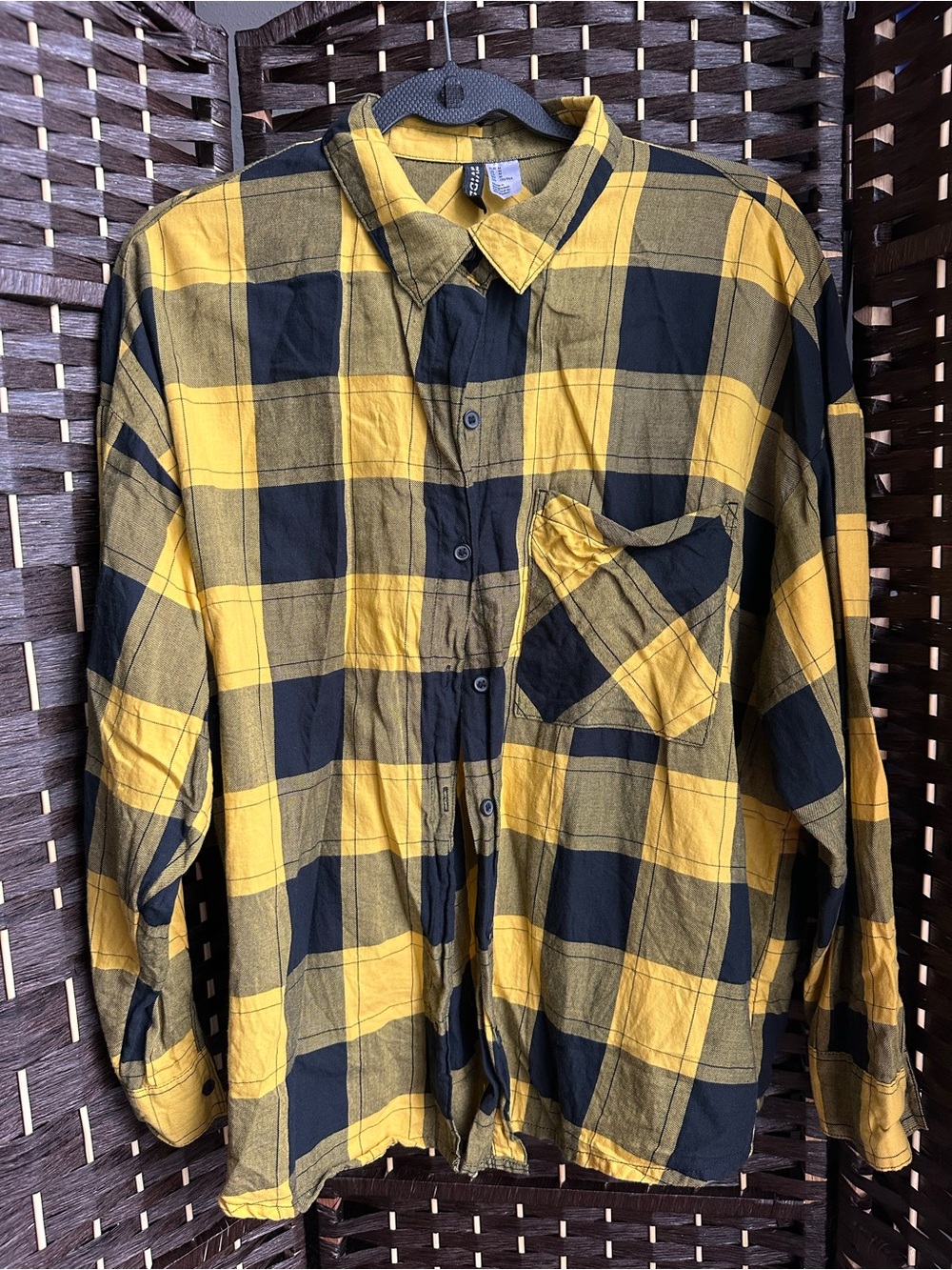 Women’s Yellow and Black Plaid Button-Up Shirt- Size M